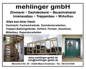 Anzeige Mehlinger: Zimmerei, Dachdeckerei, Bauschreinerei, Innenausbau, Treppenbai, Möbelbau
